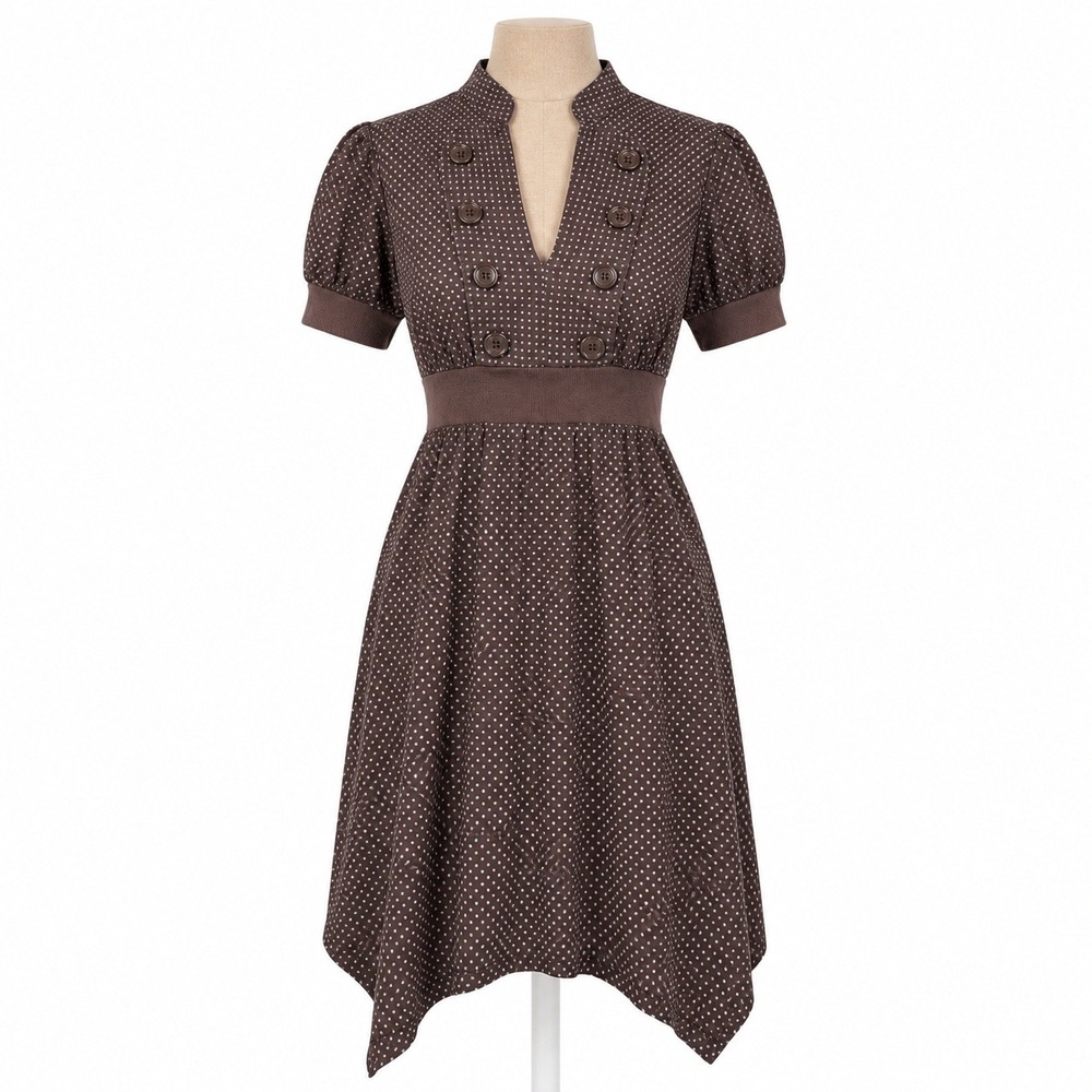 Vintage Y2K Military Button Babydoll Dress Size M Brown Sleeveless Retro Preppy